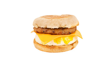 Close up on a sandwich breakfast isolated on white background. English muffin, egg, cheese, lettuce and sausage. - 241327663