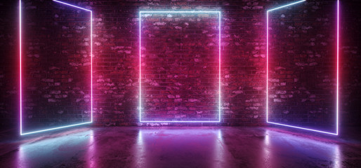 Neon Sci Fi Futuristic Retro Modern Elegant Club Glowing Gradient Blue Pink Purple Stage Rectangle Frame Lights On Brick Wall Reflective Concrete Floor Empty Space 3D Rendering