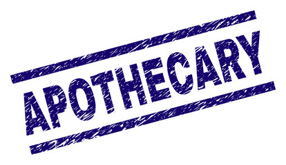 APOTHECARY seal watermark with distress style. Blue vector rubber print of APOTHECARY tag with dirty texture. Text tag is placed between parallel lines.