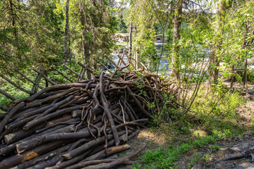 Foamy streams of water Tahmayoki River on the waterfall Ahinkoski