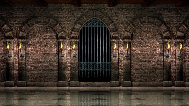 Medieval hall with iron gate 4K