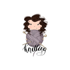 Brunette Hair Girl Knits Isolated On A White Background Hand Drawn Knitting Illustration