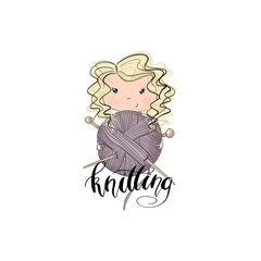 Blonde Hair Girl Knits Isolated On A White Background Hand Drawn Knitting Illustration