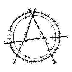 Black barbed wire vector round anarchy  symbol. Metal circle anarchism sign  illustration isolated on white background. Graphic military border object