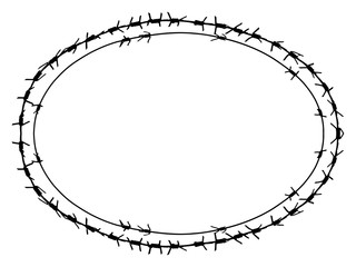 Black barbed wire vector ellipse frame. Metal fence illustration isolated on white background. Graphic military border object