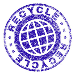 RECYCLE stamp imprint with grunge texture. Blue vector rubber seal imprint of RECYCLE title with dirty texture. Seal has words placed by circle and globe symbol.