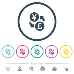 Yen Pound money exchange flat color icons in round outlines