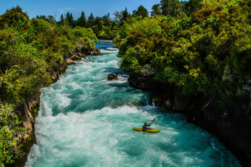 Scenic landscape view of turquoise water of Waikato river and Huka Falls,most popular natural...