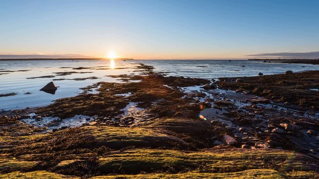 Timelapse or time lapse of sunset dark night in Rimouski city, Quebec, Canada near Saint Lawrence river shore in Gaspesie peninsula with rocky seaweed beach