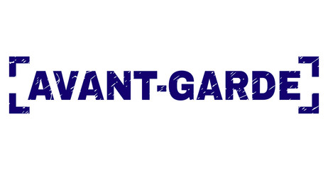 AVANT-GARDE title seal watermark with distress texture. Text caption is placed inside corners. Blue vector rubber print of AVANT-GARDE with dust texture.