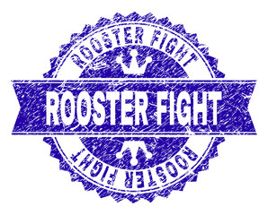 ROOSTER FIGHT rosette stamp seal watermark with distress effect. Designed with round rosette, ribbon and small crowns. Blue vector rubber watermark of ROOSTER FIGHT title with retro texture.