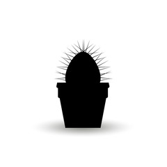Silhouette of a prickly cactus plant in a flower pot. Graphic Black Vector Illustration Isolated On White Background.