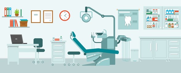 Dental office concept in flat style. Hospital interior with dentist workplace - chair, equipment, instruments.