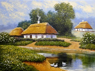 Fine art. Oil paintings  rural landscape. Old village, Ukraine.