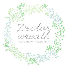 Obraz premium Wreath vector hand drawn illustration. Green floral circle frame for wedding invitation, logo