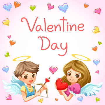 Cupid kid and heart frame Valentine vector 