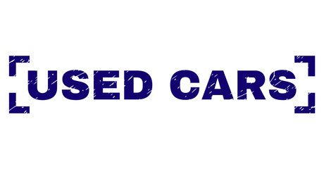 USED CARS label seal print with corroded texture. Text label is placed inside corners. Blue vector rubber print of USED CARS with retro texture.