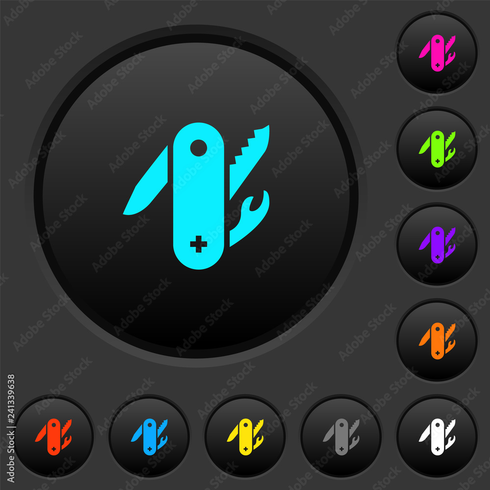 Poster swiss army knife dark push buttons with color icons