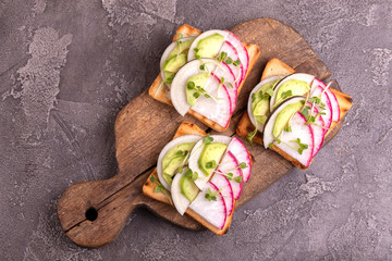 Tasty wheat toasts with radish, avocado and sprouts