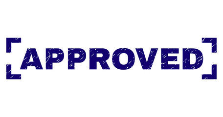 APPROVED tag seal stamp with distress texture. Text tag is placed between corners. Blue vector rubber print of APPROVED with dust texture.