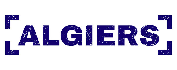 ALGIERS label seal print with distress texture. Text tag is placed between corners. Blue vector rubber print of ALGIERS with dust texture.