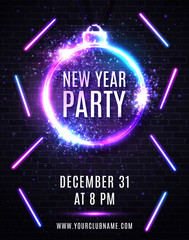 New Years eve party poster. Christmas decoration shaped frame. Circle sparkle silver sign with neon text design. New Year light flyer with multicolored led light lines. Decorative vector illustration.