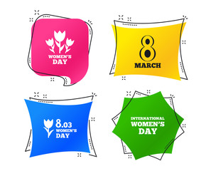 8 March Women's Day icons. Tulips or rose flowers bouquet sign symbols. Geometric colorful tags. Banners with flat icons. Trendy design. Vector