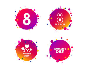 8 March Women's Day icons. Tulips or rose flowers bouquet sign symbols. Gradient circle buttons with icons. Random dots design. Vector