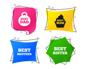 Best mom and dad, brother and sister icons. Weight and cupcake signs. Award symbols. Geometric colorful tags. Banners with flat icons. Trendy design. Vector