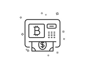 Bitcoin ATM line icon. Cryptocurrency cash sign. Dollar money symbol. Geometric shapes. Random cross elements. Linear Bitcoin atm icon design. Vector