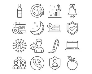 Set of Online accounting, Signature and Wine bottle icons. 24h delivery, Security and Development plan signs. Couple love, Notebook and Bell symbols. Web audit, Written pen, Cabernet sauvignon