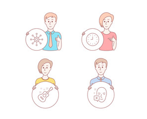 People hand drawn style. Set of Clock, Guitar and Multichannel icons. Face declined sign. Time or watch, Acoustic instrument, Multitasking. Identification error.  Character hold circle button. Vector