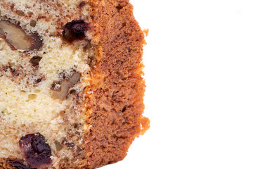 Homemade cranberry and walnut cake isolated on white background