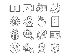 Set of Startup, Data analysis and Copyright icons. Report document, Book and Marketing strategy signs. Video camera, Messenger mail and Approved symbols. Developer, Magnifying glass, Copywriting book