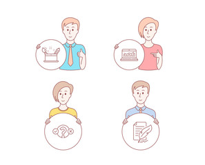 People hand drawn style. Set of Quiz test, Creativity concept and Web analytics icons. Feather signature sign. Select answer, Graphic art, Statistics. Feedback.  Character hold circle button. Vector