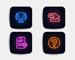 Neon set of Report checklist, New mail and Winner icons. Question mark sign. Sales growth file, Received e-mail, Sports achievement. Ask support. Neon icons. Glowing light banners