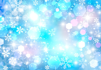 Festive winter blue bokeh background, glitter, sparkles, pink, white, Shine, stars, snowflakes, abstraction