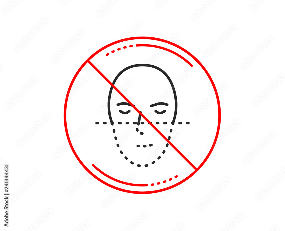 Poster no or stop sign. face recognition line icon. faces biometrics sign. head scanning symbol. caution pr