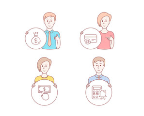People hand drawn style. Set of Payment click, Money bag and Change card icons. Calculator alarm sign. Financial transfer, Usd currency, Payment method. Accounting.  Character hold circle button