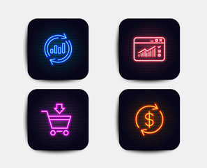 Neon set of Web traffic, Update data and Online market icons. Usd exchange sign. Website window, Sales chart, Shopping cart. Currency rate. Neon icons. Glowing light banners. Vector