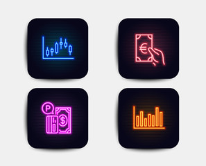 Neon set of Candlestick graph, Finance and Parking payment icons. Bar diagram sign. Finance chart, Eur cash, Paid garage. Statistics infochart. Neon icons. Glowing light banners. Vector