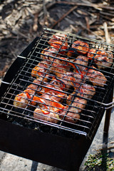 Pieces of meat shish kebab with vegetables are prepared in the grill