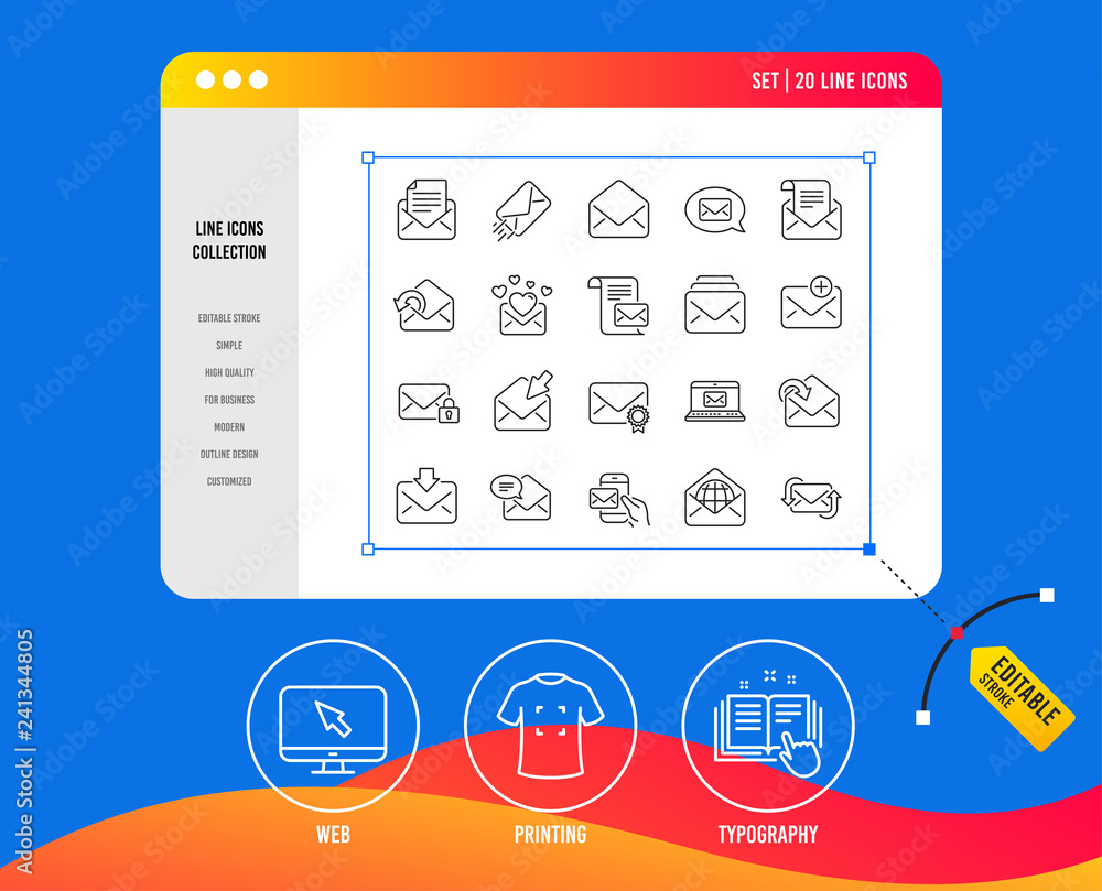 Poster mail messages line icons. set of newsletter, e-mail, correspondence linear icons. received mail, sec