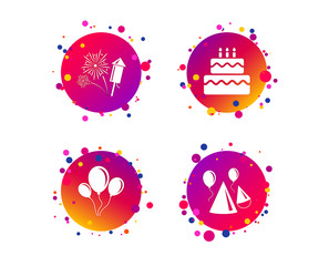 Birthday party icons. Cake, balloon, hat and muffin signs. Fireworks with rocket symbol. Double decker with candle. Gradient circle buttons with icons. Random dots design. Vector
