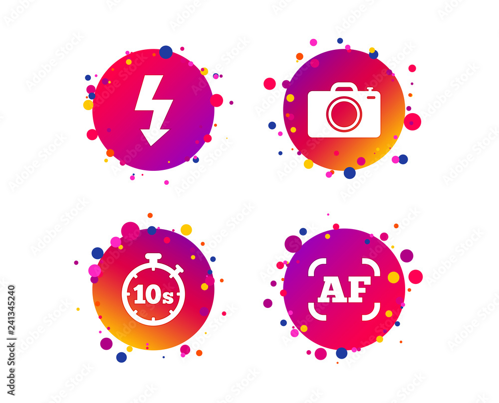 Poster Photo camera icon. Flash light and autofocus AF symbols. Stopwatch timer 10 seconds sign. Gradient circle buttons with icons. Random dots design. Vector