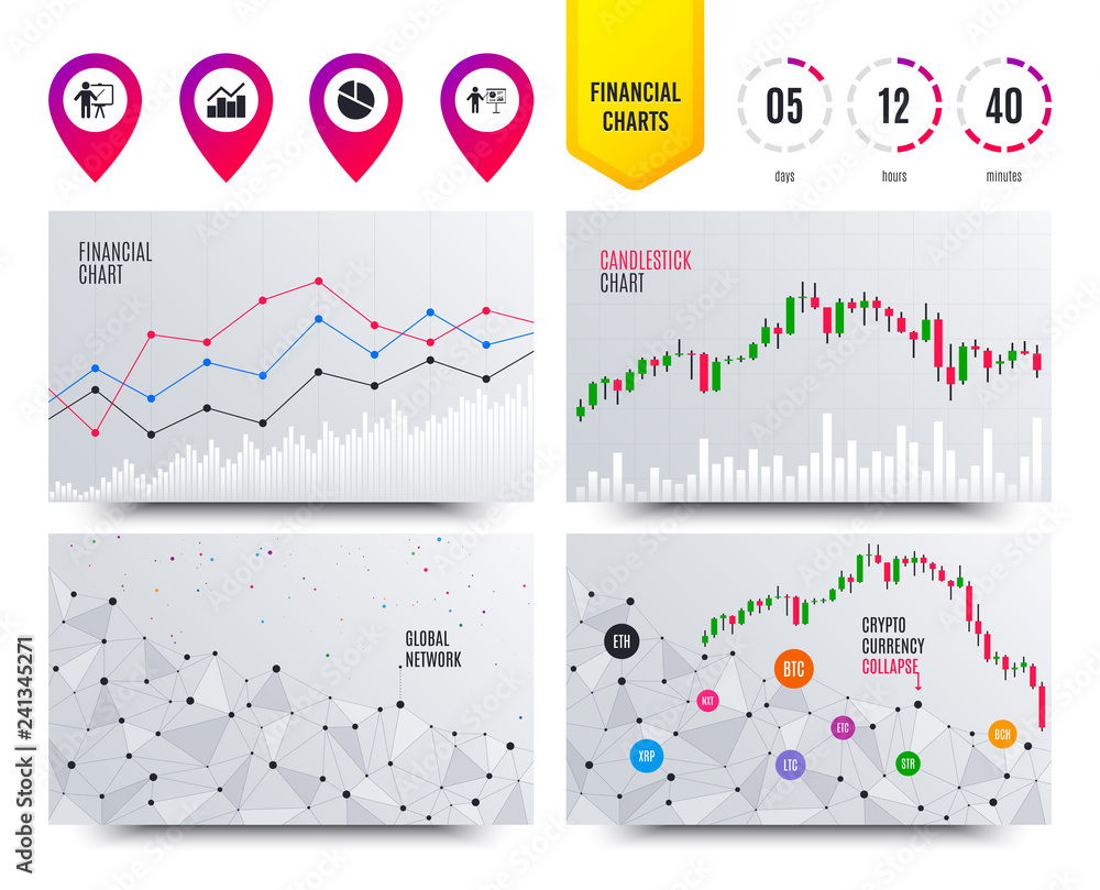 Poster financial planning charts. diagram graph pie chart icon. presentation billboard symbol. man standing