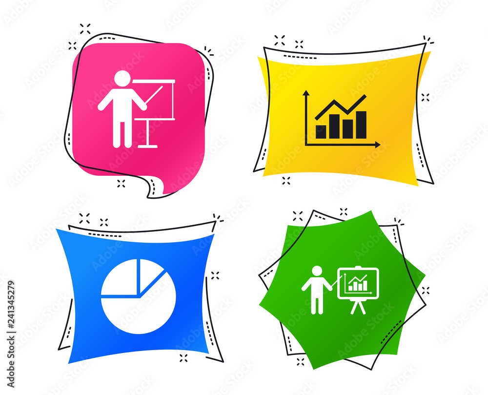 Poster diagram graph pie chart icon. presentation billboard symbol. supply and demand. man standing with po