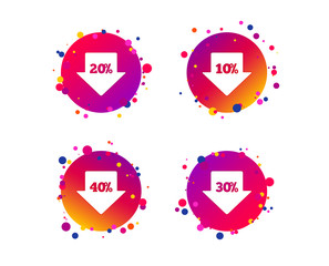 Sale arrow tag icons. Discount special offer symbols. 10%, 20%, 30% and 40% percent discount signs. Gradient circle buttons with icons. Random dots design. Vector