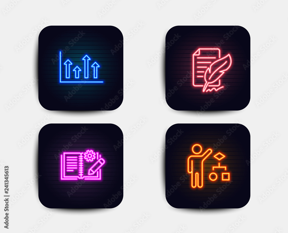 Poster neon glow lights. set of upper arrows, engineering documentation and feather signature icons. algori