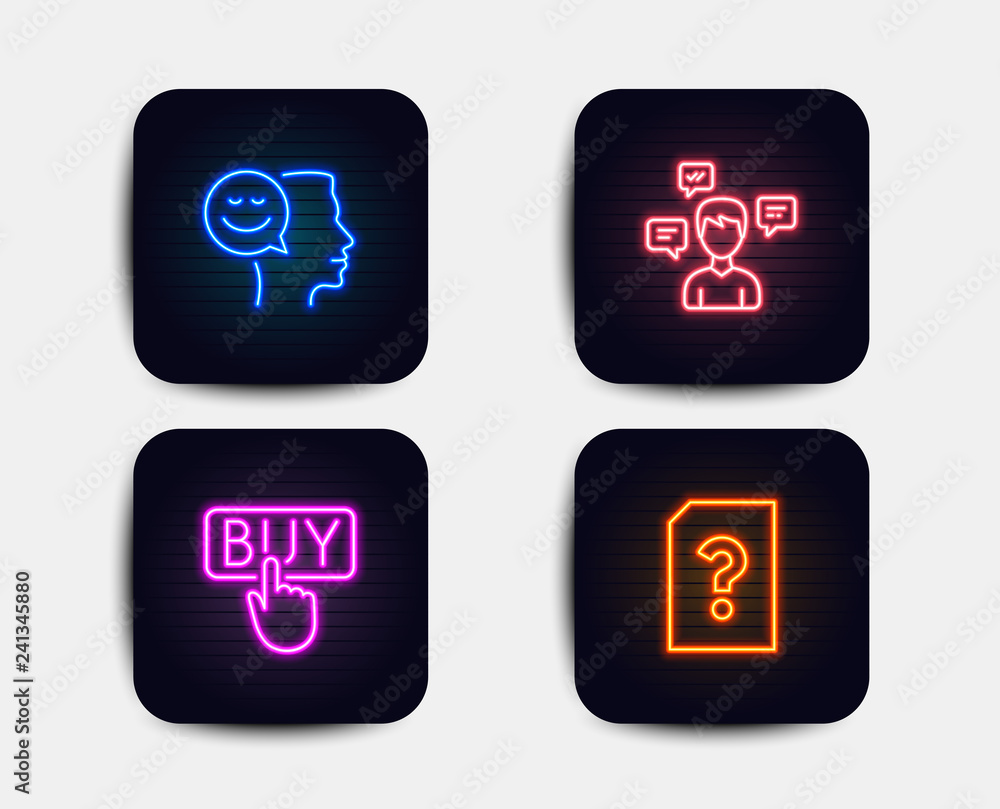 Poster neon glow lights. set of buying, conversation messages and good mood icons. unknown file sign. e-com